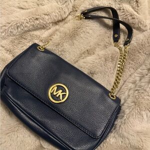 Michael Kors Dark Blue Leather Shoulder Bag with Gold Accents